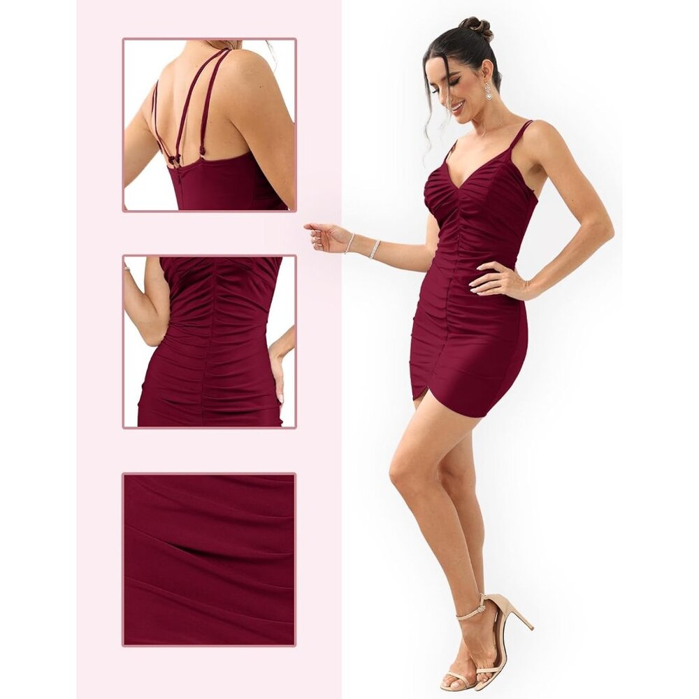 Women's Sexy Halter Dress Sleeveless Bodycon Ruched Spaghetti Strap Mini Club - Picture 5 of 6